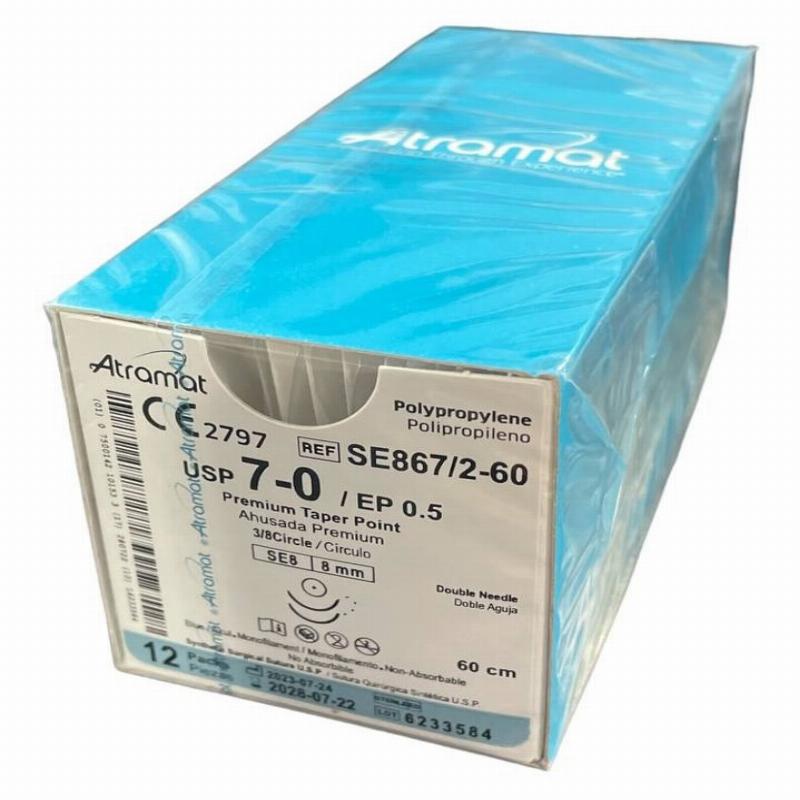 Поліпропілен SE867/2-60 монофіламент синього кольору, що не розсмоктується USP 7-0 (EP0.5) з 2-ма колючими голками 8мм, 3/8кола, довж. нитки 60см